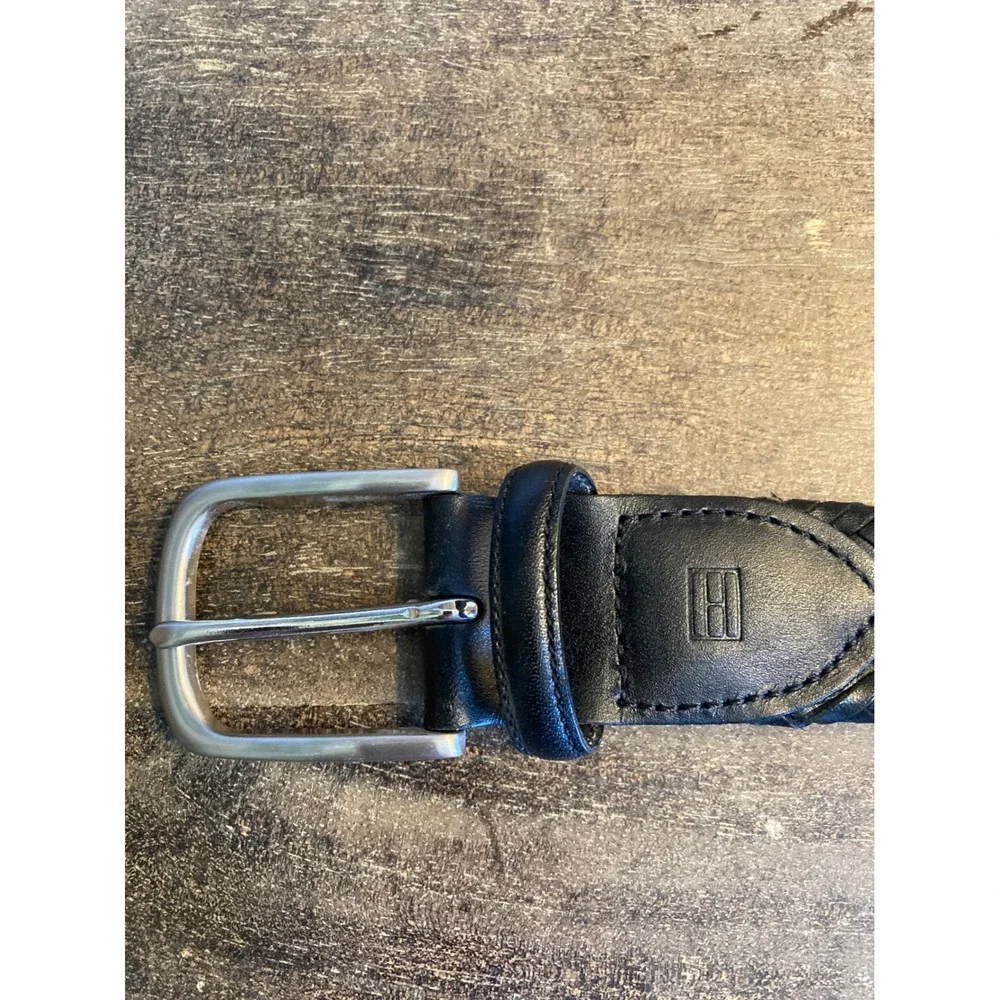Tommy Hilfiger Mens Braided Belt Black Woven Leather Size 40 Silver Buckle